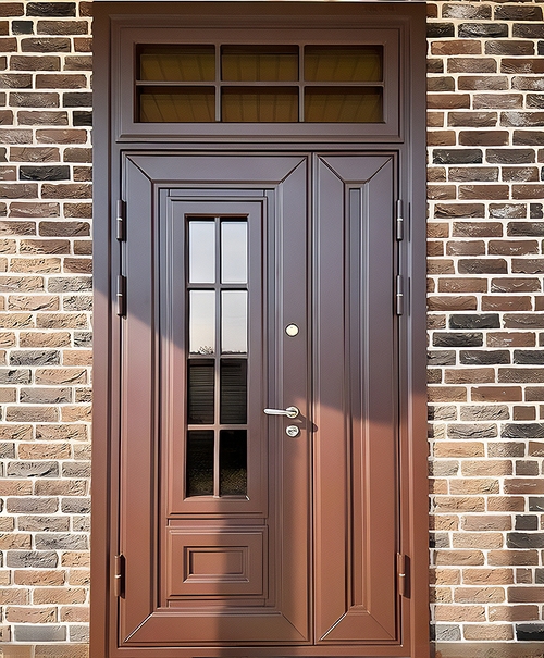 Коричневая уличная дверь с фрамугой Коричневая уличная дверь с фрамугой